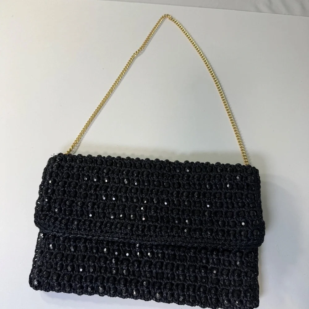 Fashion Imports Vintage Black Beaded Crochet Clutch Bag Gold Chain Made in Italy
